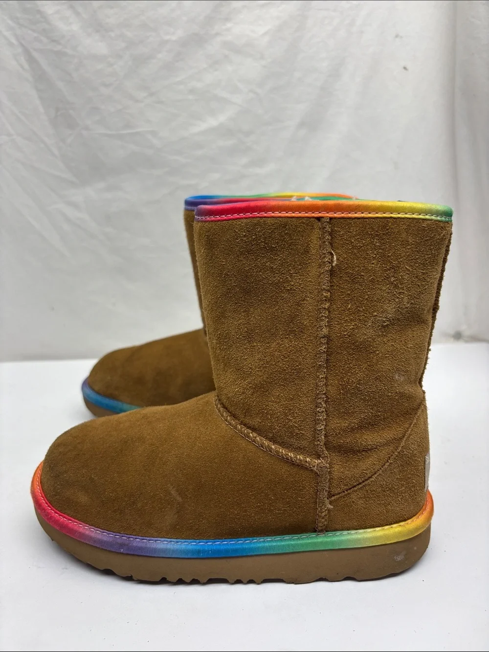 UGG Kids Brown Suede Boots with Rainbow Trim, sz 1 little girl, box 35